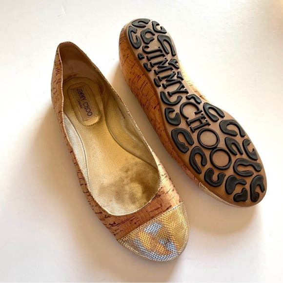 Jimmy Choo Whirl Cork Gold Leather Cap Ballet Flats - Picture 10 of 15